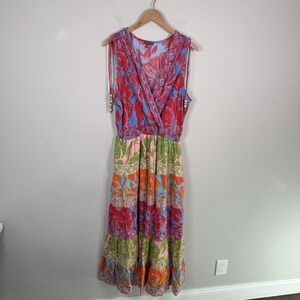 Vince Camuto Floral Wrap‎ Maxi Dress Tropical Resort Vacation Boho Tiered XLarge